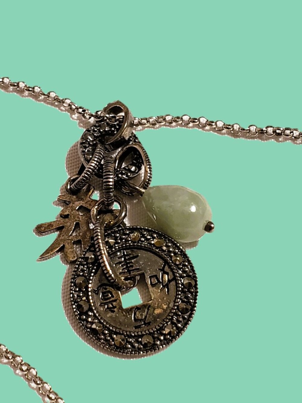 Sterling Silver Jade & Marcasite Good Fortune Charm Necklace 925